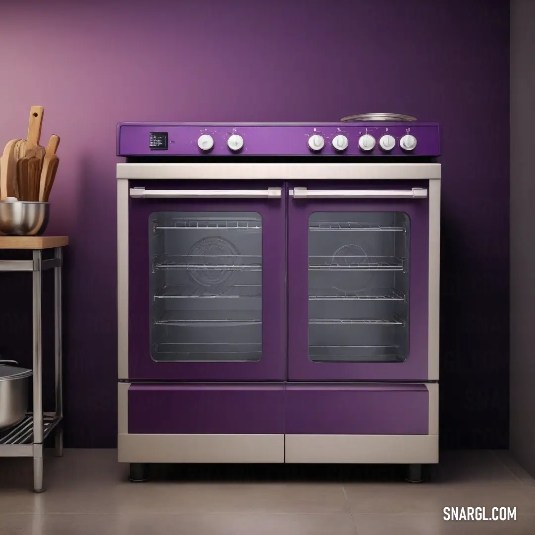 A vibrant purple stove stands next to a wooden cutting board, with the warm glow of the kitchen setting. The subtle shade of purple adds a pop of color to the space, highlighting the harmonious blend of homey comfort and modern elegance.