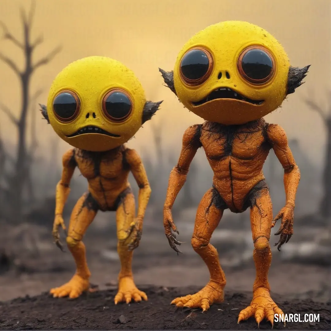 Two adorable yellow alien dolls, side by side on the earth-ground, are framed by a lush green forest - embodying friendship and the joy of togetherness in a colorful world filled with imagination.