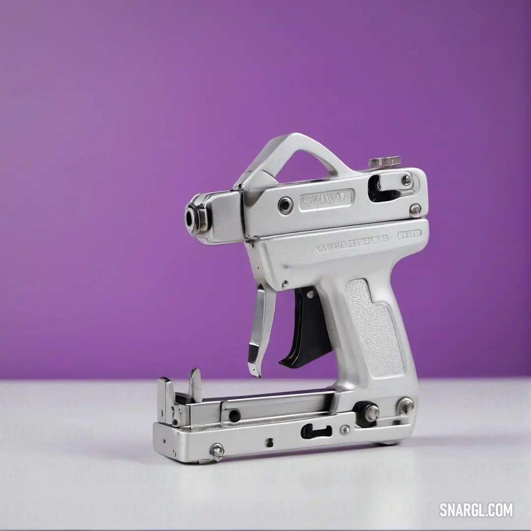 A sleek, glossy white machine gun sits atop a pristine white table, contrasting beautifully with a vibrant purple background that adds a touch of elegance to the scene.