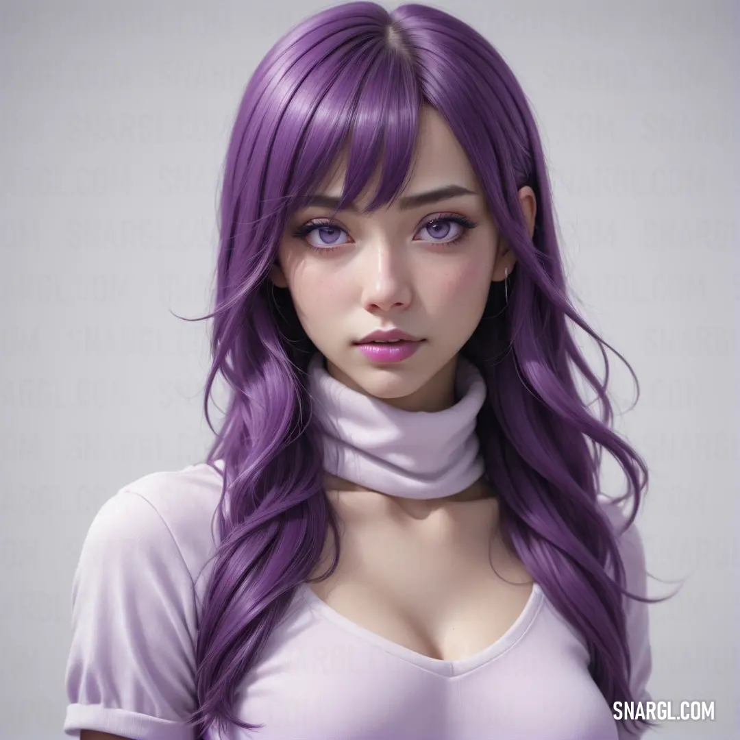 PANTONE 2076 color example: Woman with purple hair and a white shirt is posing for a picture with a collar around her neck