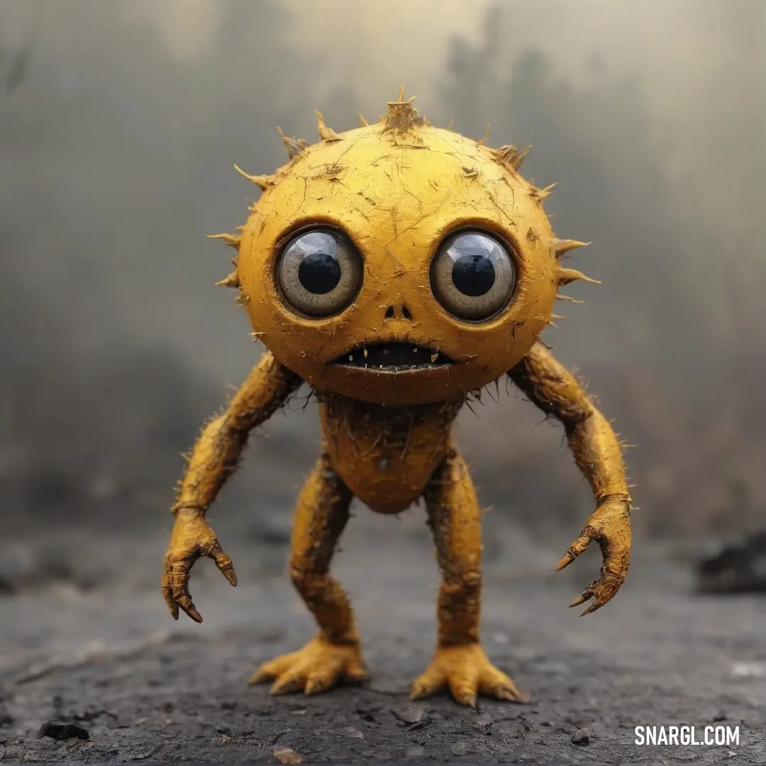 A bright yellow toy with large eyes and a playful demeanor stands gracefully on a road, infused with the tone of PANTONE 2076, inviting delight and sparking imagination in all who see it.