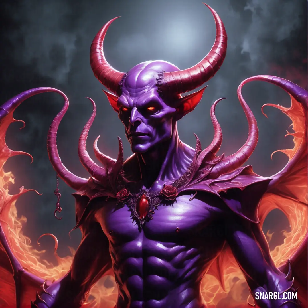 Demonic demon with horns and a ring around his neck and chest. Example of PANTONE 2077 color.