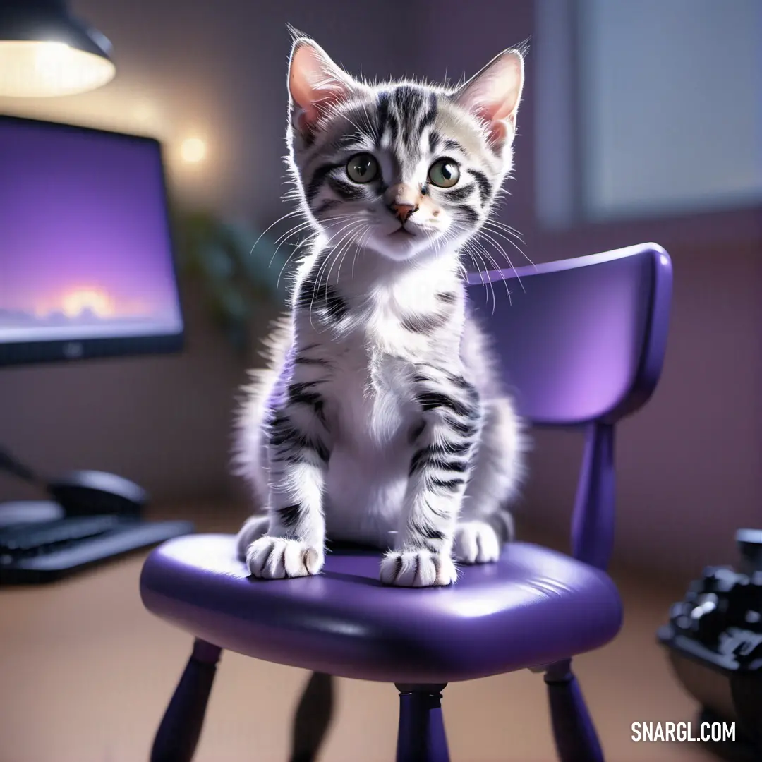 Kitten on a purple chair in front of a computer desk with a purple chair and a purple chair. Example of CMYK 76,85,0,0 color.