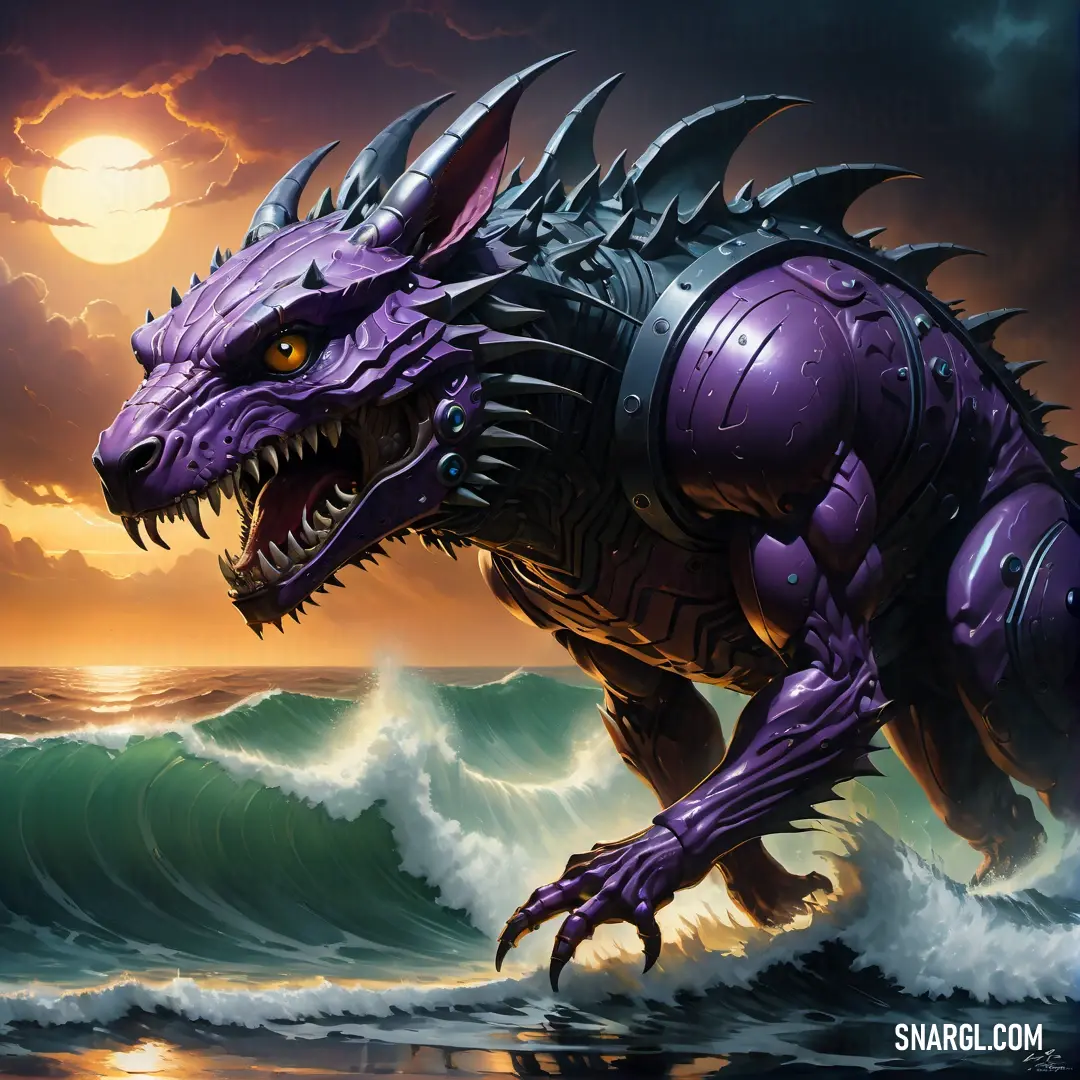 PANTONE 2077 color example: Purple dragon with spikes on its head is standing in the water near a wave and a full moon