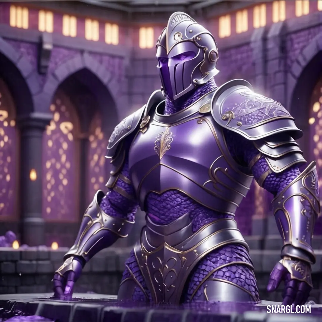 Purple knight standing in a purple room with a purple background. Example of #694991 color.