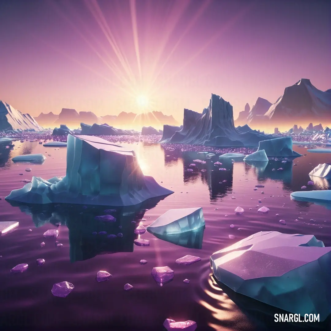 Computer generated image of icebergs floating in the water at sunset or sunrise or sunset. Example of CMYK 30,41,2,0 color.