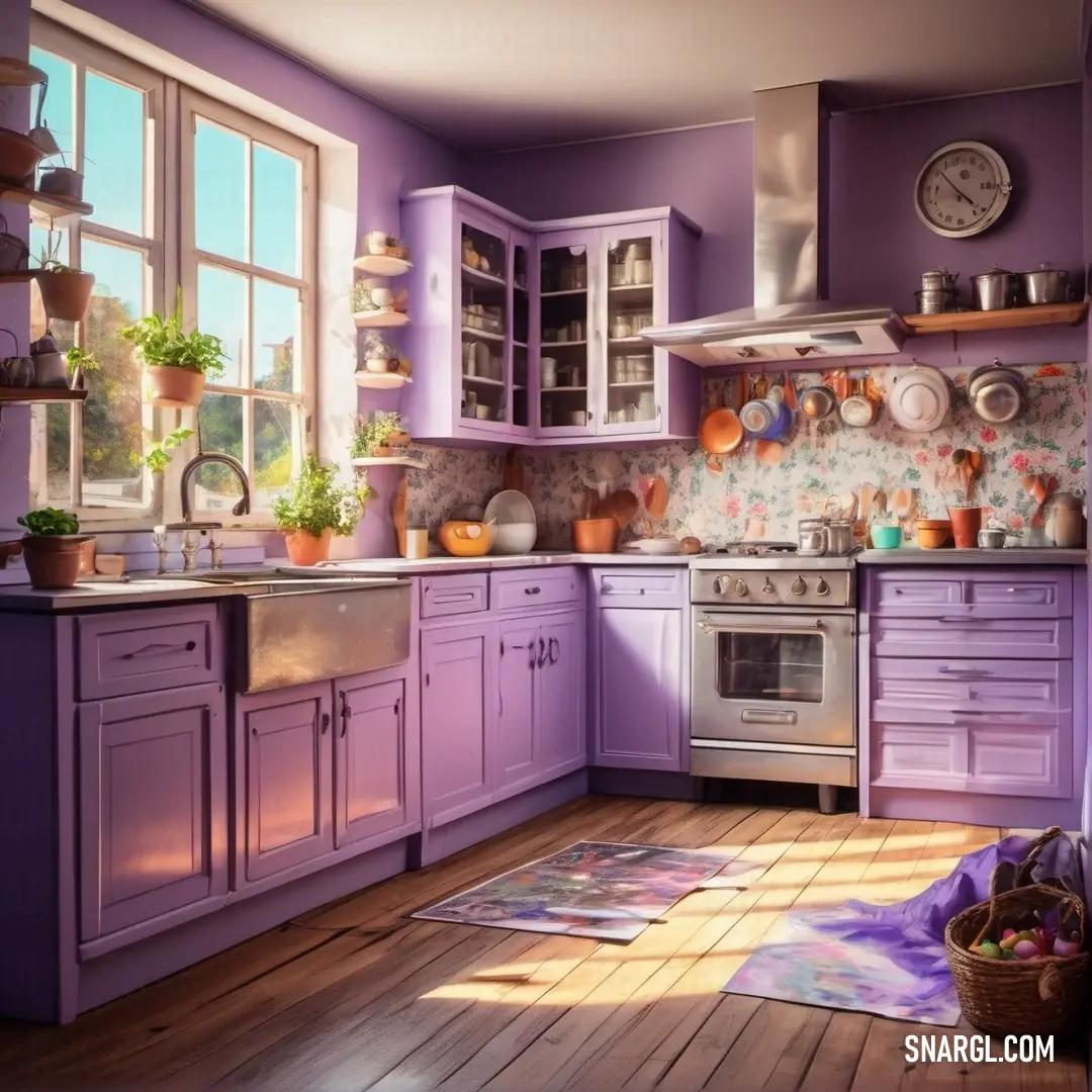 Kitchen with purple cabinets and a wooden floor and a window with a clock on it and a rug on the floor. Example of CMYK 30,41,2,0 color.