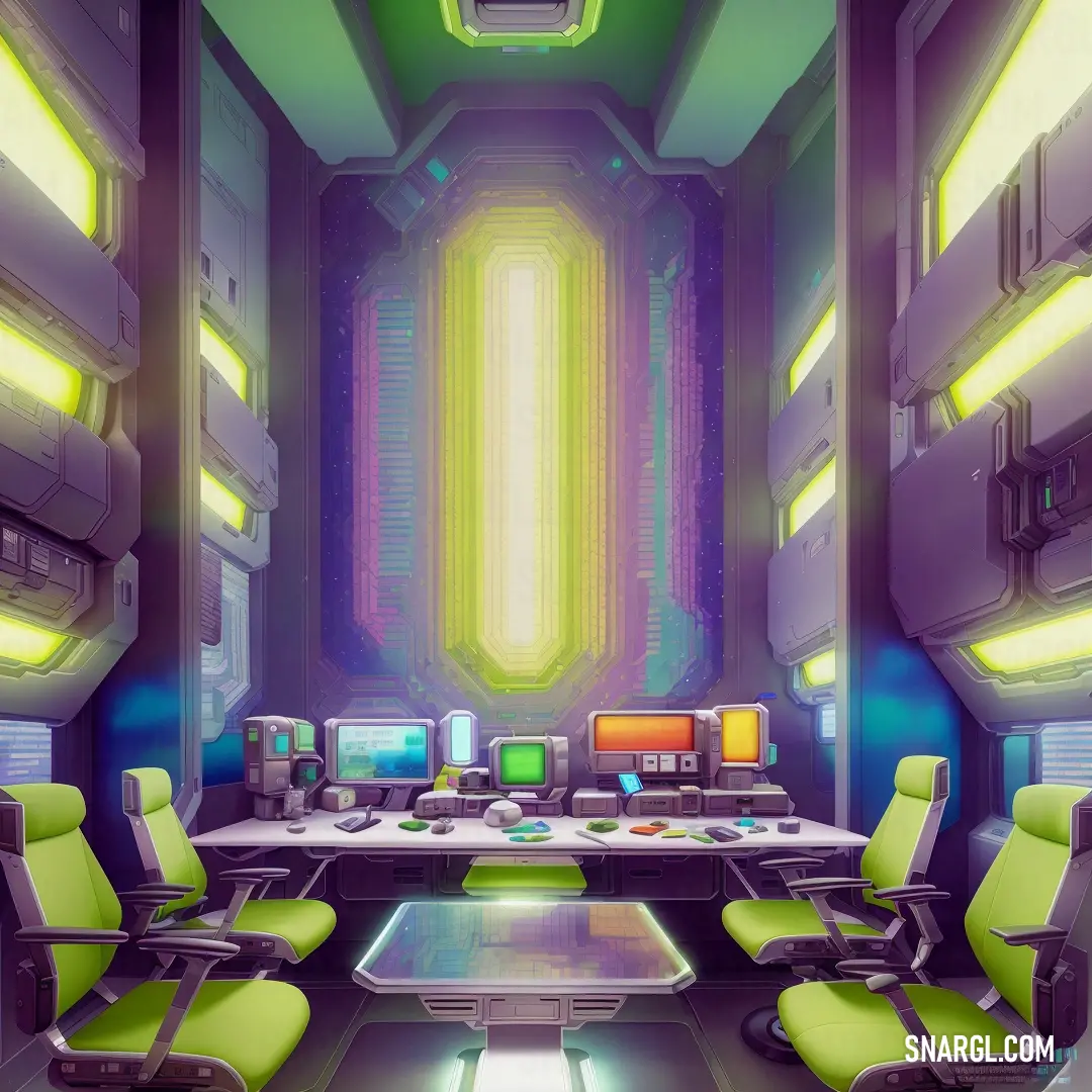 Room with a table and chairs and a neon light in the ceiling and a table with chairs and a table with a laptop on it