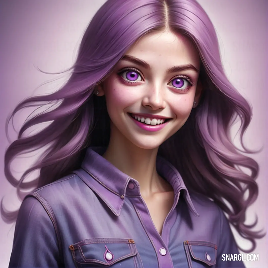 Digital painting of a woman with purple hair and a smile on her face, with a purple background. Example of CMYK 45,53,10,0 color.
