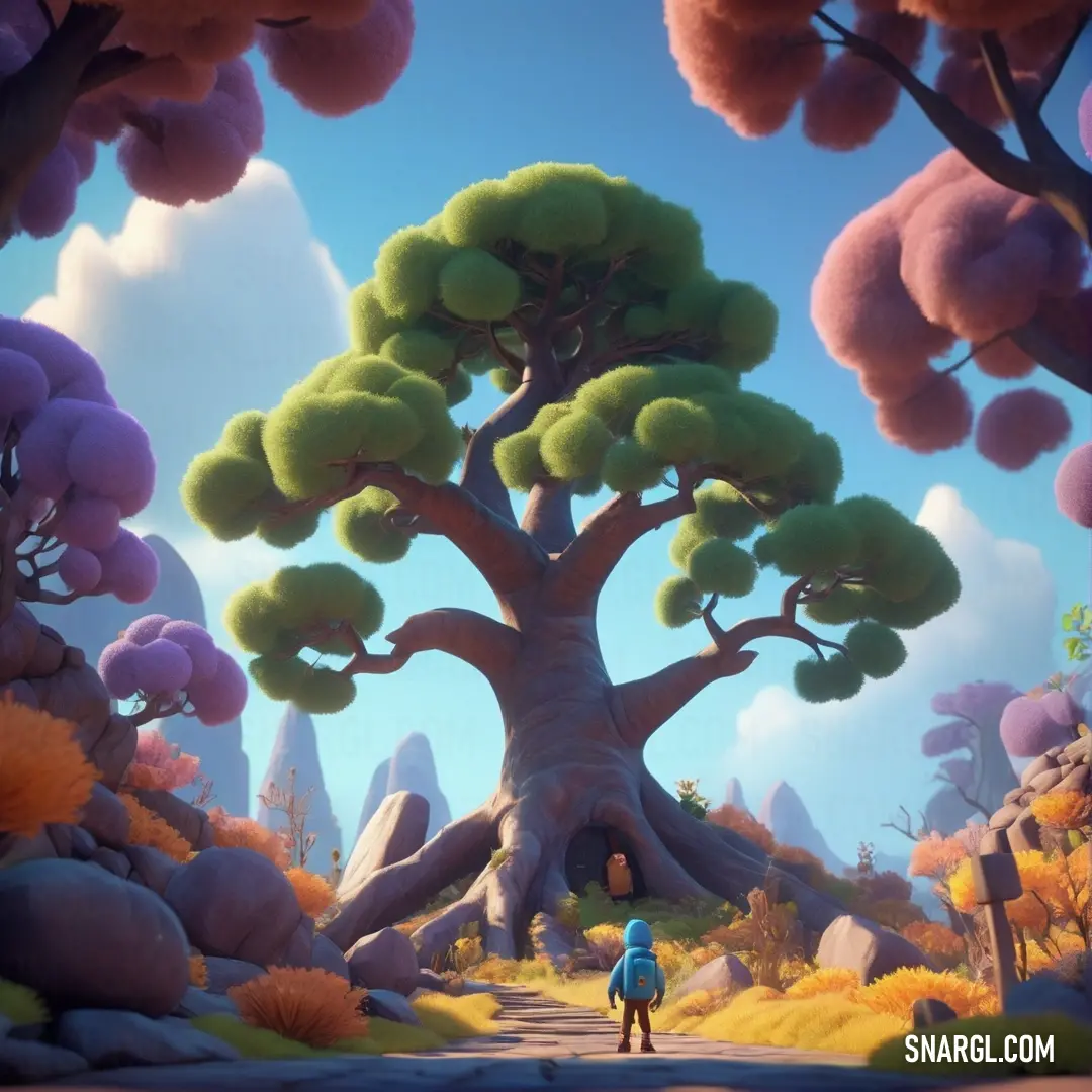 Man walking down a road next to a tree filled forest in a cartoon style scene with a person standing in the middle of the road