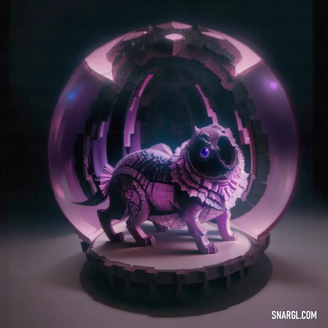Purple sculpture of a dog inside a glass ball with a purple light behind it and a black background. Color #9B83A6.