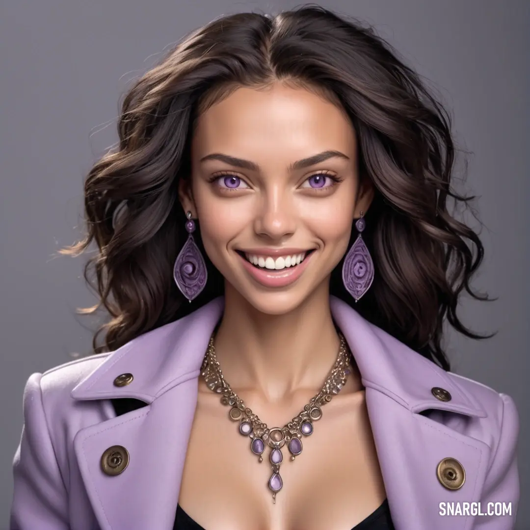 Woman with a purple coat and purple earrings smiling at the camera with a smile on her face and a purple jacket on