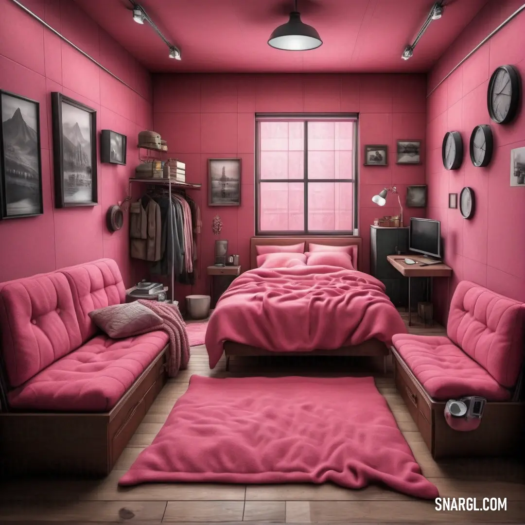 Bedroom with a pink color scheme and a bed with a pink comforter and a pink rug and a pink couch. Color PANTONE 208.