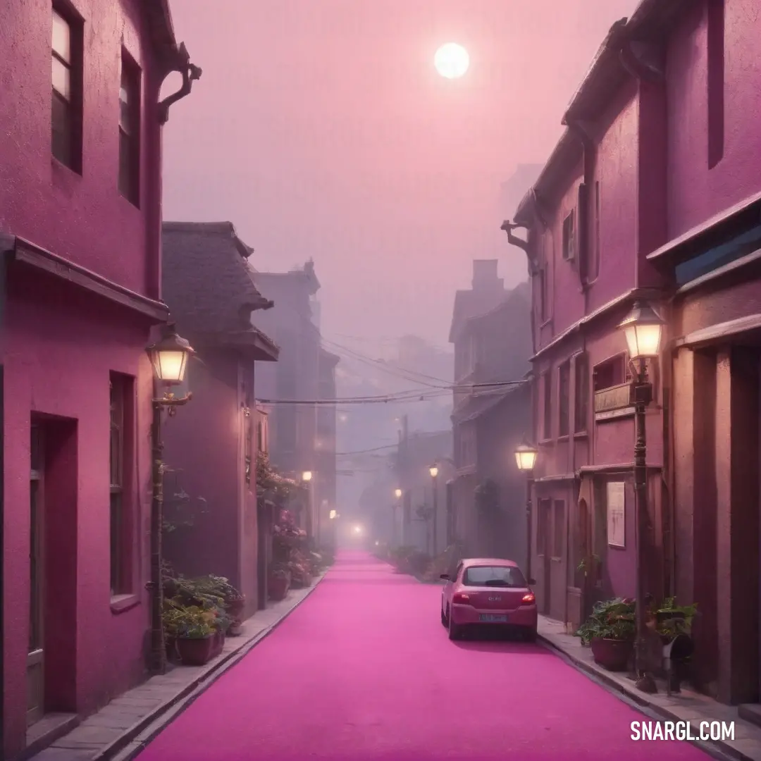 Car parked on a pink street in a city at night time with a full moon in the sky. Example of CMYK 15,100,37,45 color.