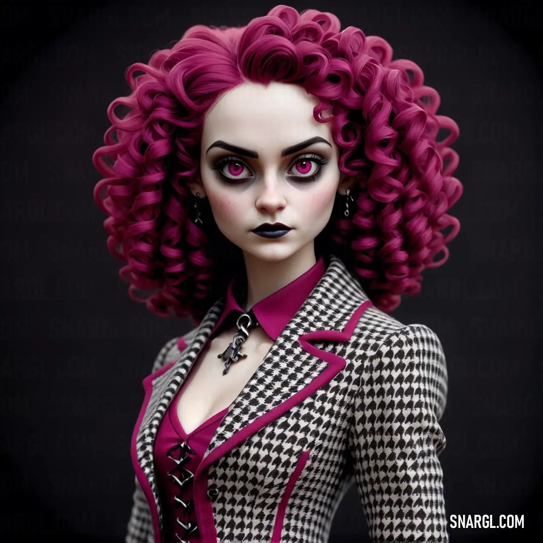 PANTONE 208 color. Doll with pink hair and black makeup is posed in a black and white suit