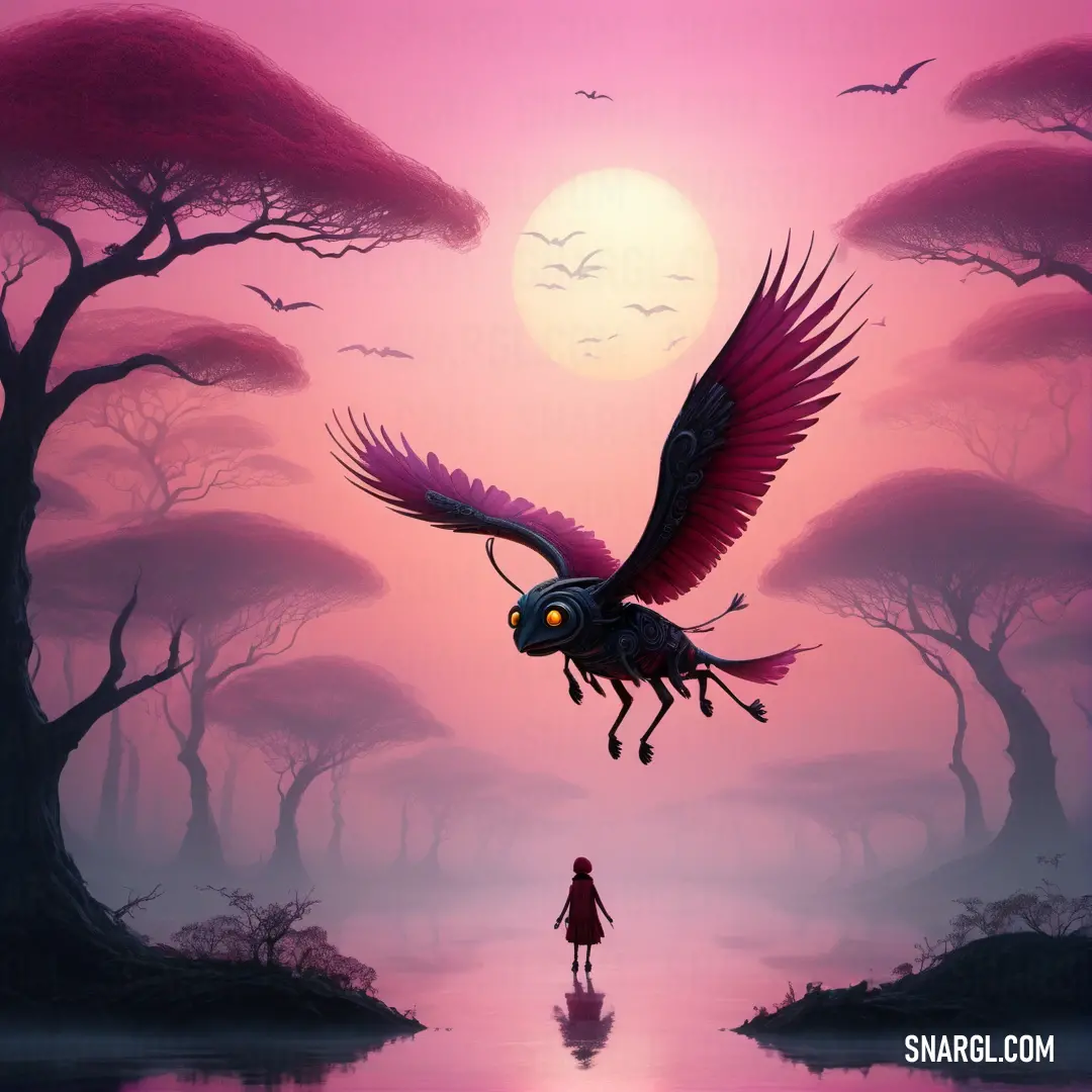 Painting of a girl and a bird flying over a lake at sunset with a pink sky and trees. Example of PANTONE 208 color.