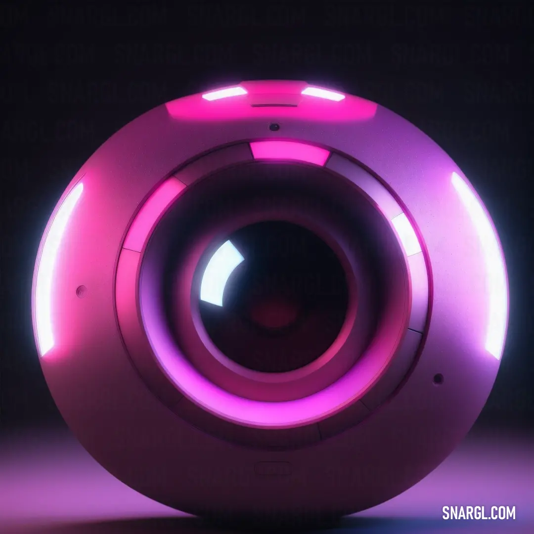 PANTONE 208 color. Pink speaker with a black background and a purple light around it's centerpieces