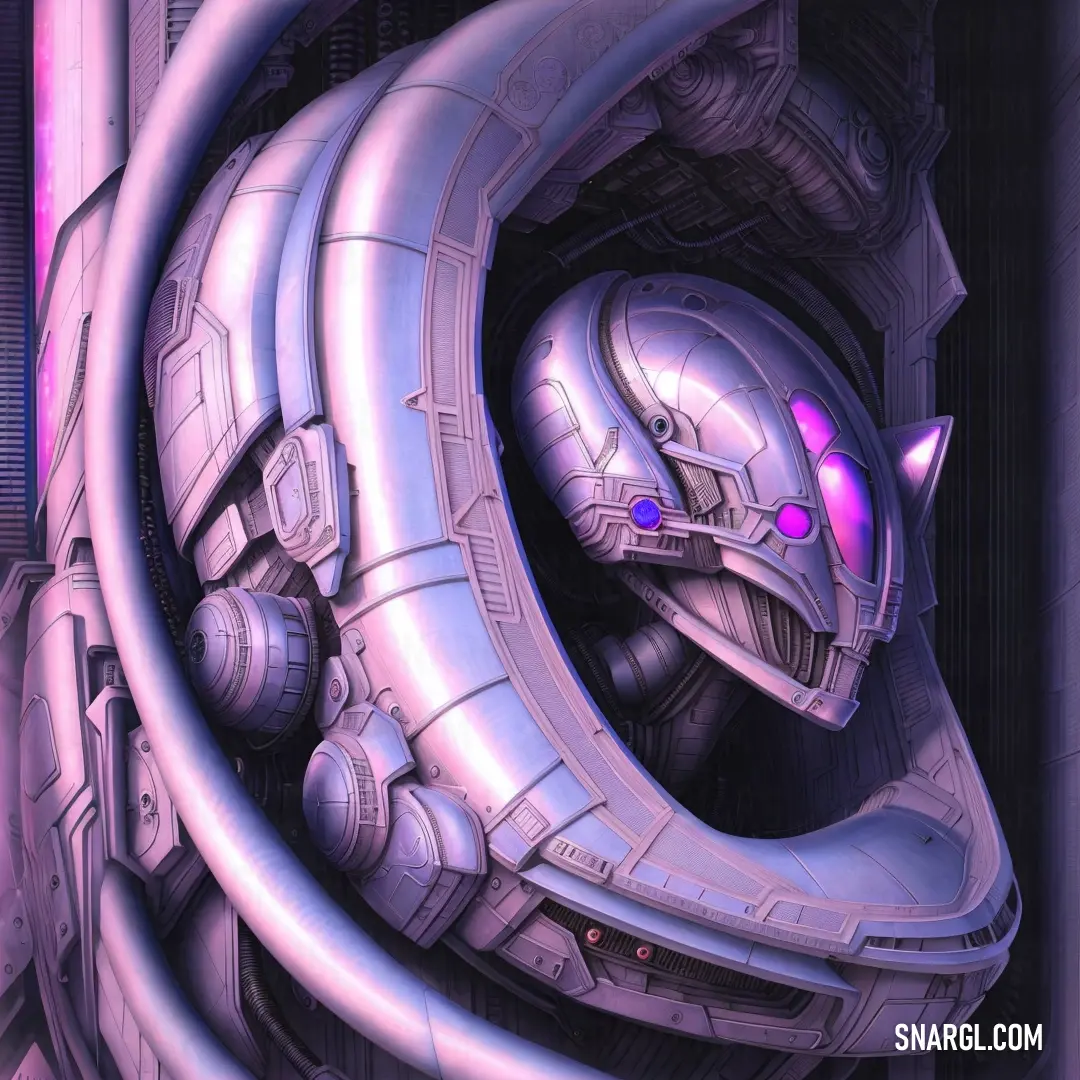 Futuristic looking artwork with a large metal object in the center of it's structure. Color RGB 155,125,177.