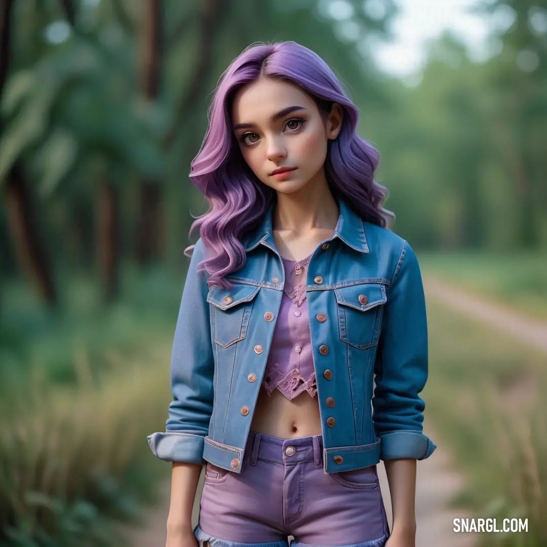 Girl with purple hair and a denim jacket on is standing in the woods with her hands in her pockets. Example of CMYK 45,55,0,0 color.