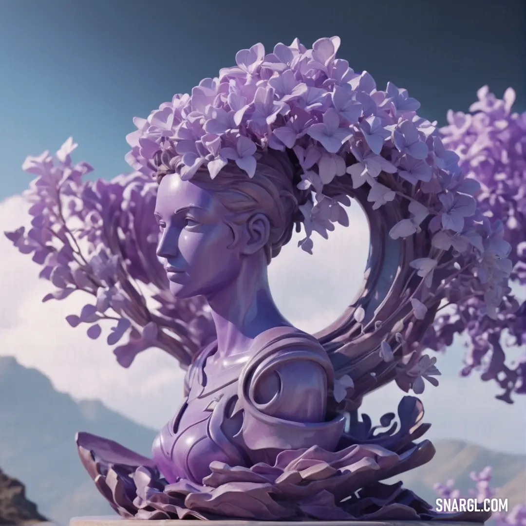 Statue of a woman with a wreath of flowers on her head and a sky background. Color PANTONE 2080.