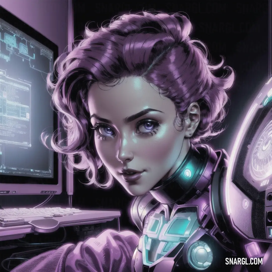 Woman with a futuristic suit and a computer monitor in her hand and a clock in her hand. Color PANTONE 2080.