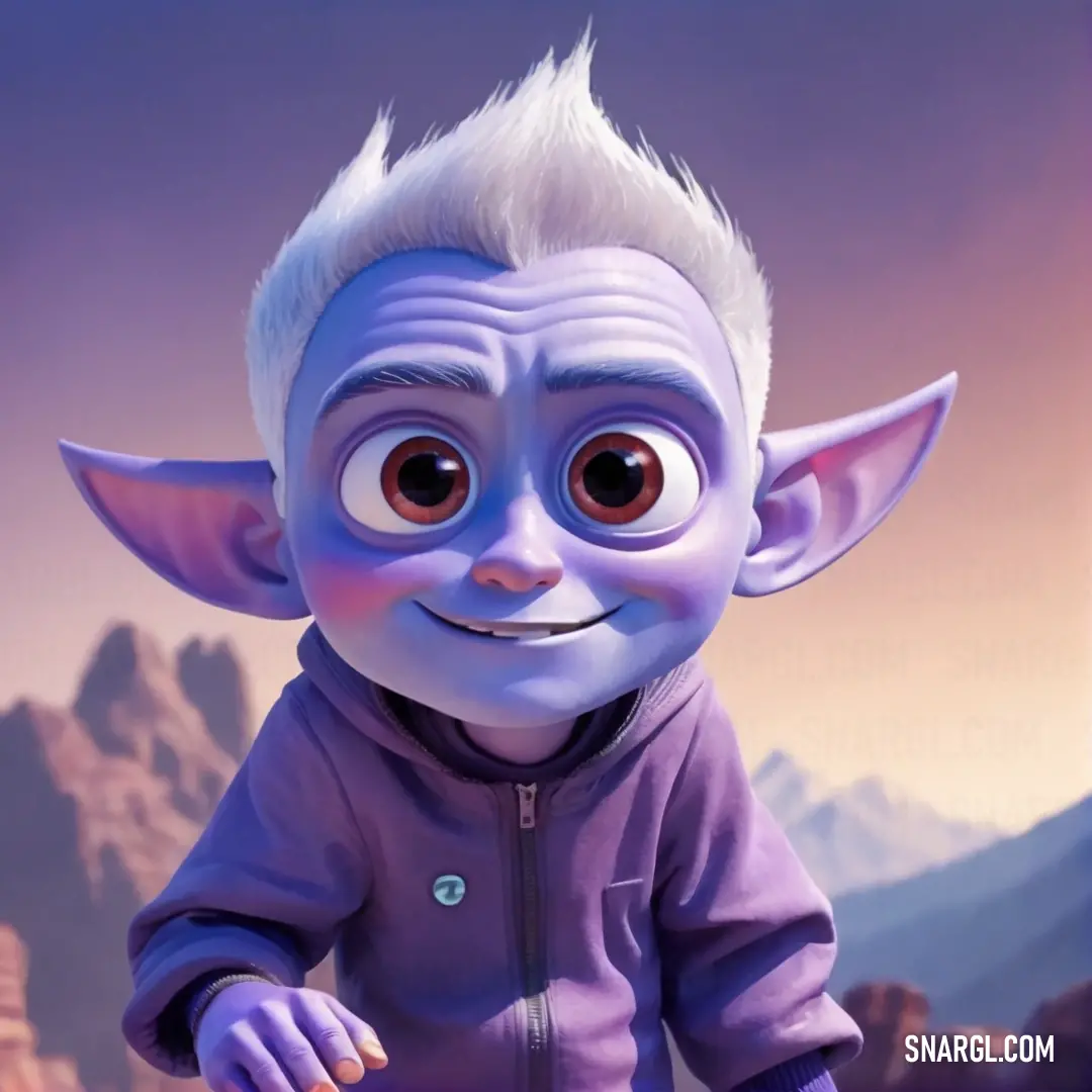 PANTONE 2081 color. Cartoon character with a purple outfit and a mountain background