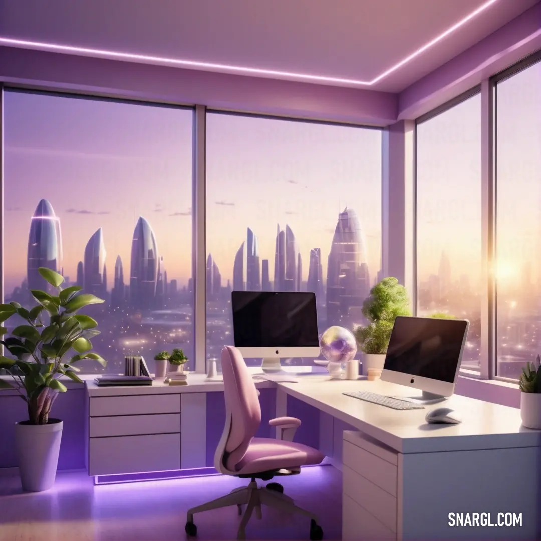 Desk with a computer and a monitor in a room with a view of the city outside the window. Color RGB 127,89,154.