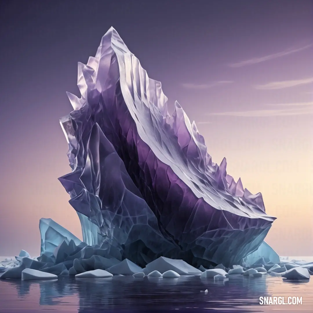 Large iceberg floating on top of a body of water next to a shore line with icebergs floating on top of it. Example of CMYK 60,72,0,0 color.