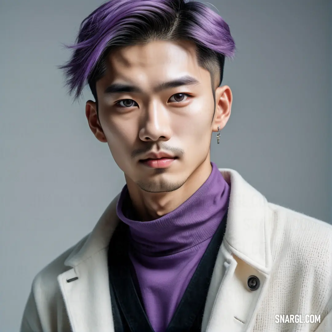 PANTONE 2081 color example: Man with a purple hair and a white jacket on a gray background