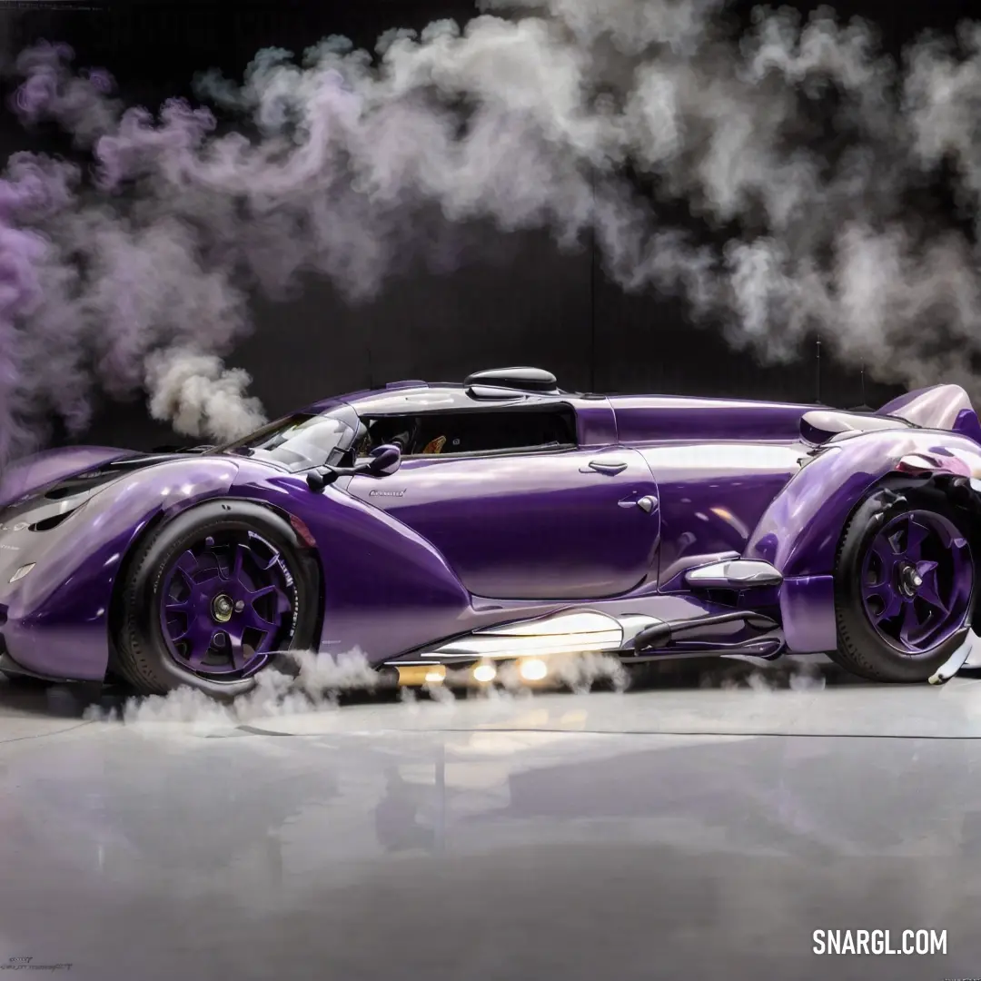 Purple car with smoke coming out of it's back end and wheels on display at a car show. Example of PANTONE 2081 color.