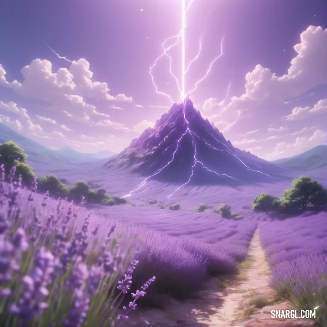 Purple field with a path leading to a mountain with a lightning bolt in the sky above it and a purple field with lavender flowers