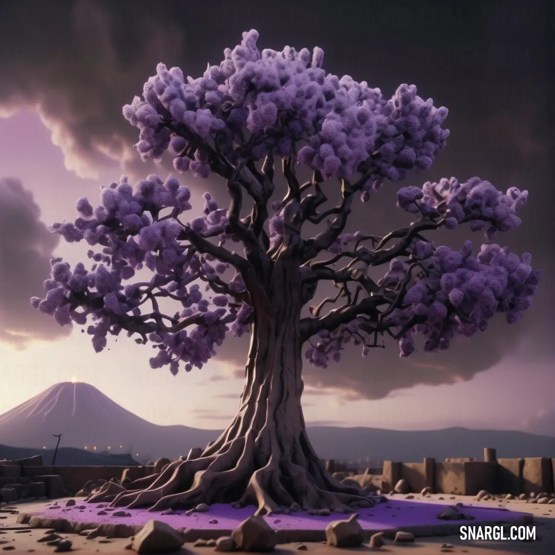 Tree with purple flowers in front of a mountain with a purple sky and clouds in the background. Color PANTONE 2081.