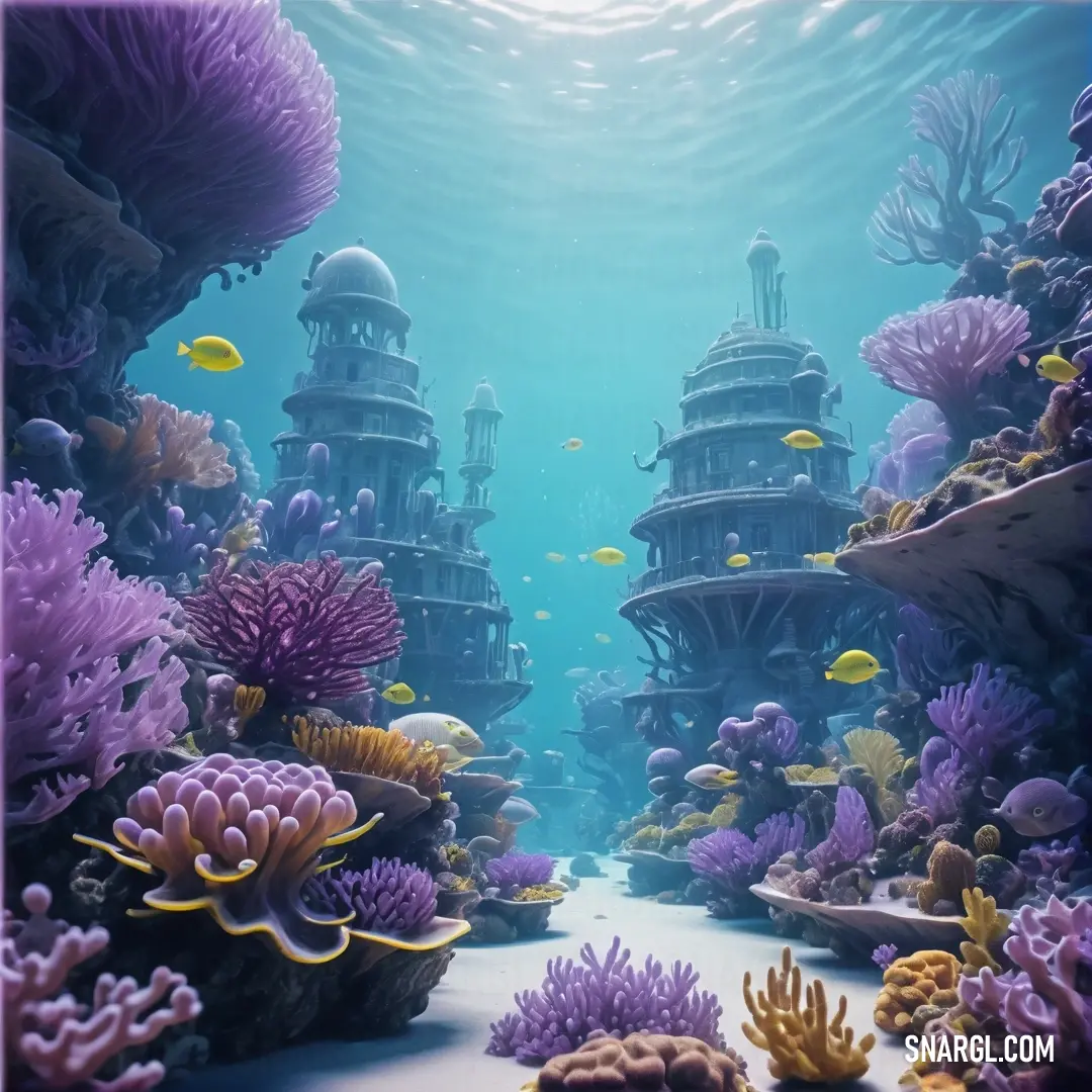 Underwater scene with a lot of corals and fish in the water and a building in the background. Color PANTONE 2081.