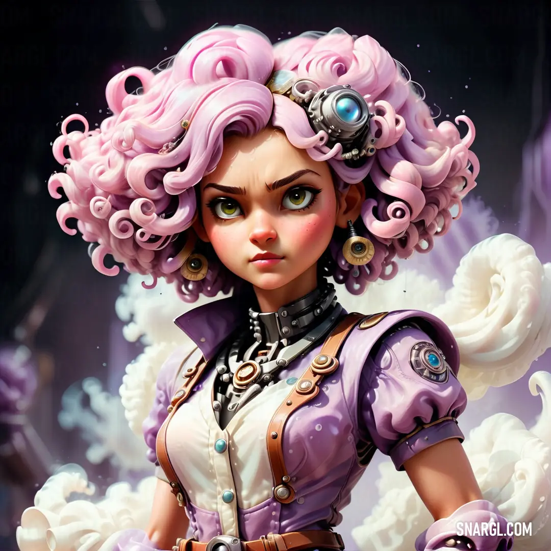 Cartoon character with pink hair and a purple outfit with a steampunky look on her face. Color RGB 222,206,223.