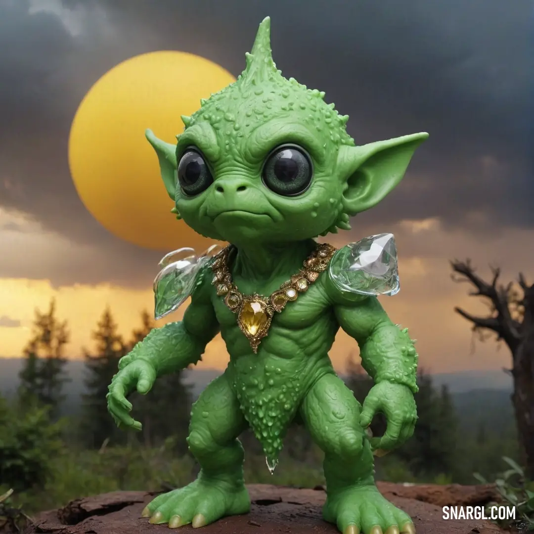 A vibrant green toy with oversized eyes and a sparkling gold necklace perched on a textured rock, set against a breathtaking sunset with wispy clouds and a silhouetted tree in the background.