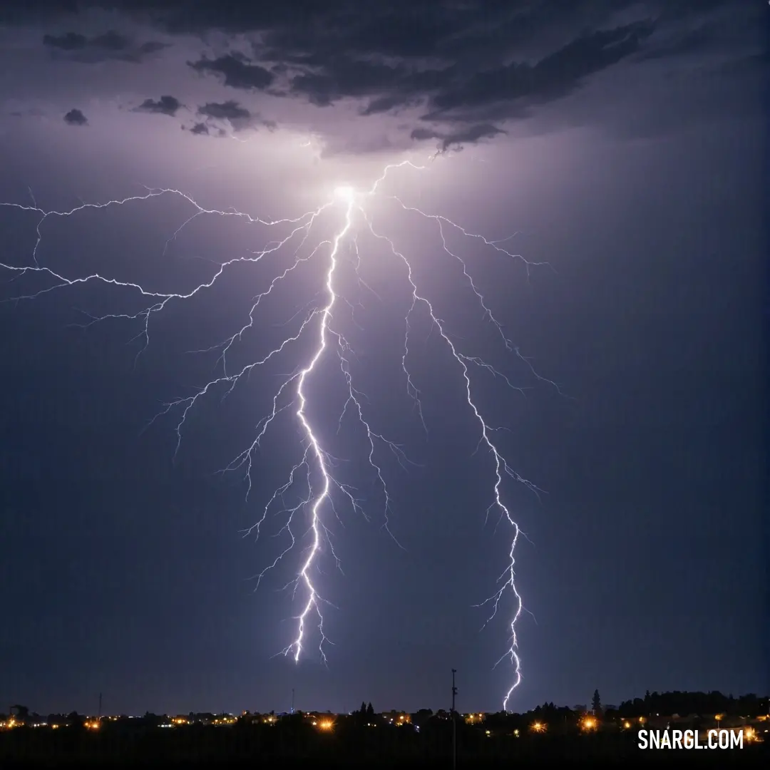 A brilliant lightning bolt strikes the ground, illuminating the night sky above a bustling cityscape. The glow casts shadows on the buildings and trees, creating a dramatic contrast against the darkened sky. RGB 222,206,223 creates a serene feel amidst th