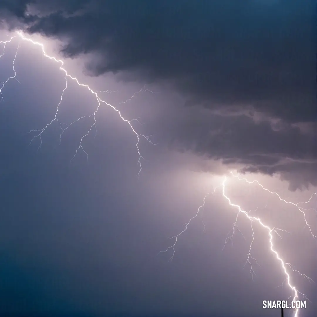 Elegant lightning descends from a cloudy sky onto a serene field of grass, surrounded by lush trees swaying gently in the storm's breeze. This striking moment showcases the beauty of nature's force, highlighted against the vibrant colors of PANTONE 2085.