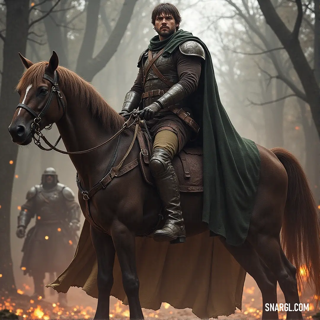 A knight in full armor riding a majestic horse through a dense forest. Holding a sword in one hand and with a polished helmet reflecting the sunlight, the scene feels like a step into an epic fantasy adventure.