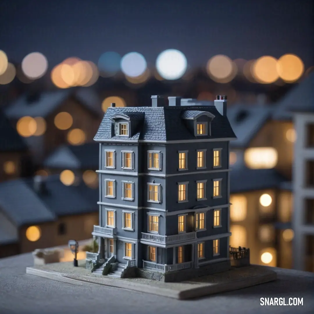 A detailed model of a cozy house stands against a backdrop of a bustling city, showcasing a soft blend of colors that illustrate the RGB 222,206,223 palette, reflecting harmony in urban living.