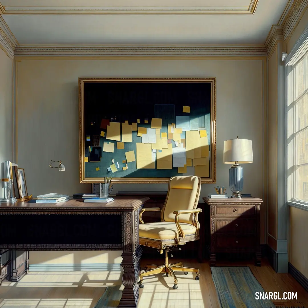 A captivating painting hangs above a desk in a well-lit room. The desk is accompanied by a chair and a table lamp, with a second lamp glowing softly in the background, creating a peaceful, creative workspace.