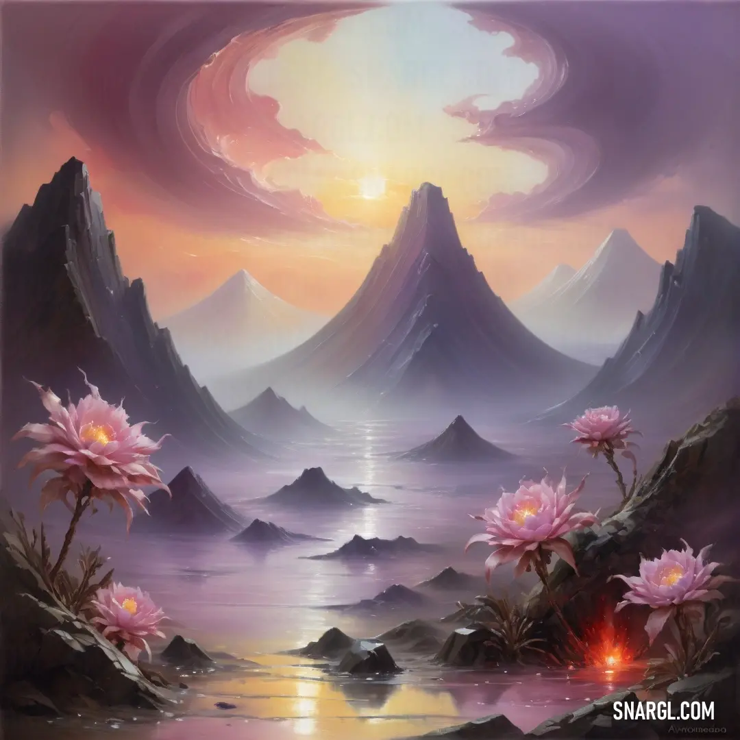 Painting of a mountain landscape with flowers and a lake in the foreground. Color PANTONE 2085.