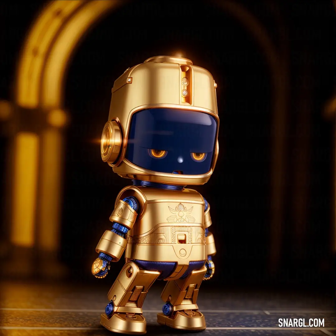 A sleek, golden robot with a blue, glowing face and a shiny gold helmet. Its legs and arms are adorned with matching gold plating, creating a futuristic and striking appearance. The robot’s overall color is a mix of warm metallic shades, with a hin