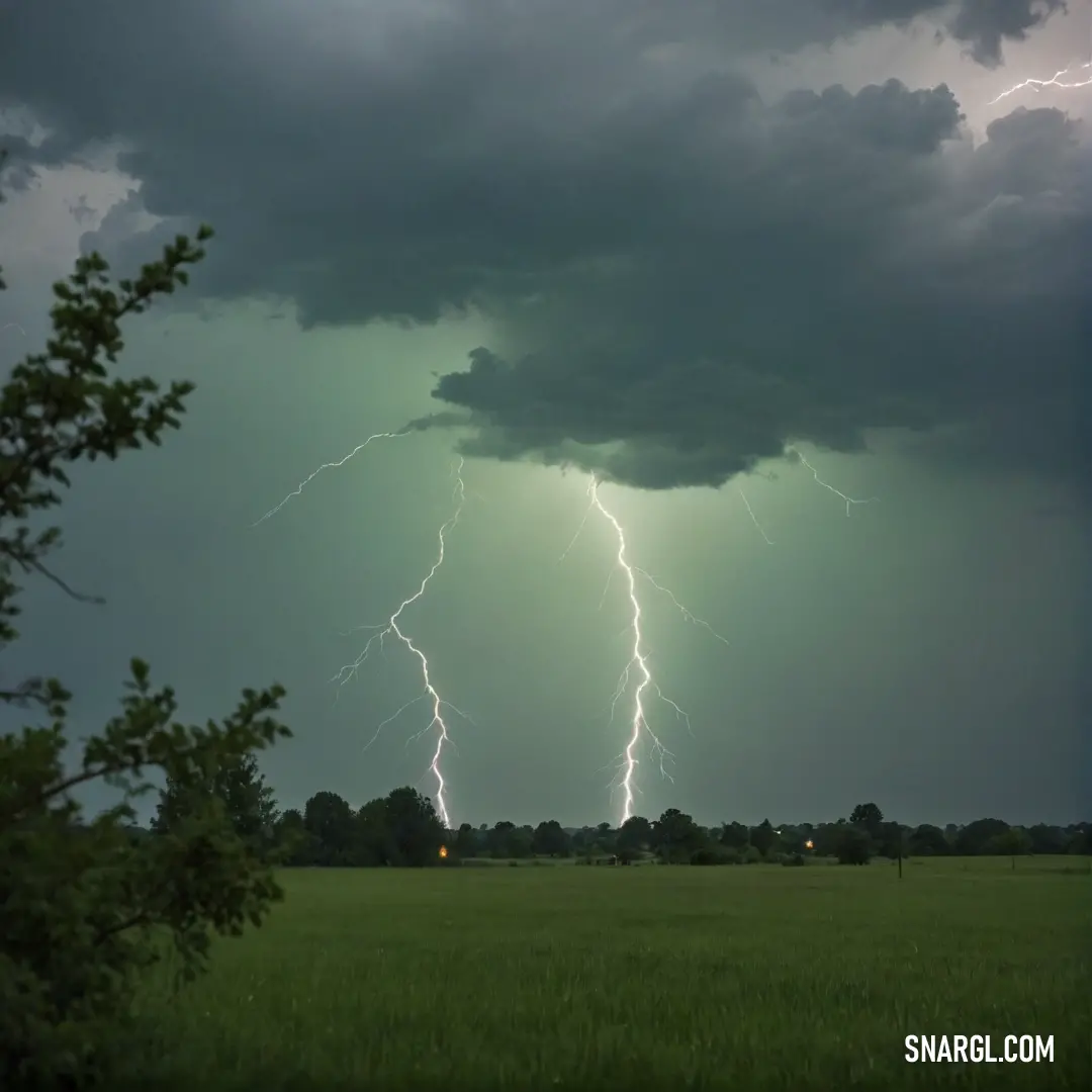 A dramatic sky signals an approaching storm, casting shadows over a tranquil field with trees gracefully outlined in the foreground, embodying the moody palette of CMYK 9,16,0,0, a testament to nature's power.