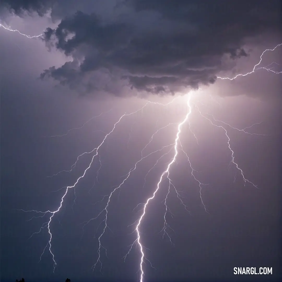 A striking image of a lightning bolt crashing towards the ground above a vibrant field of grass, surrounded by trees in the foreground, brings to life the intensity of the PANTONE 2085 color amidst a captivating natural landscape.