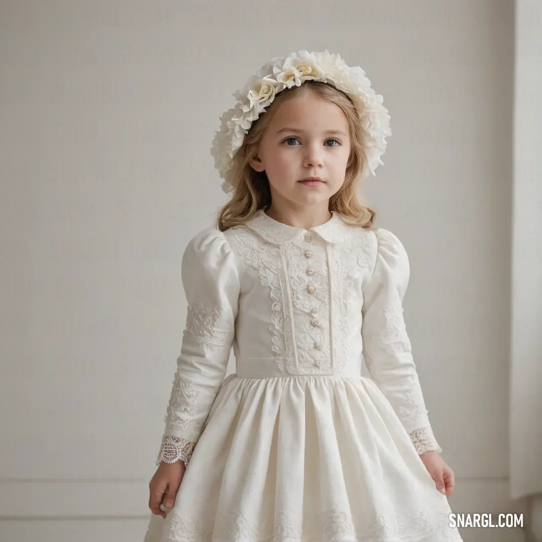 A joyful little girl wearing an endearing white dress and a matching bonnet stands beside a sunlit window, her innocence and curiosity filling the room with warmth and delight.