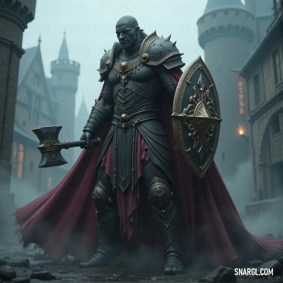 A heroic figure dressed in elaborate armor and wielding a sword and shield stands tall amid a fog-shrouded landscape with an ancient castle looming in the background. The PANTONE 2085 color amplifies the drama of this epic moment.