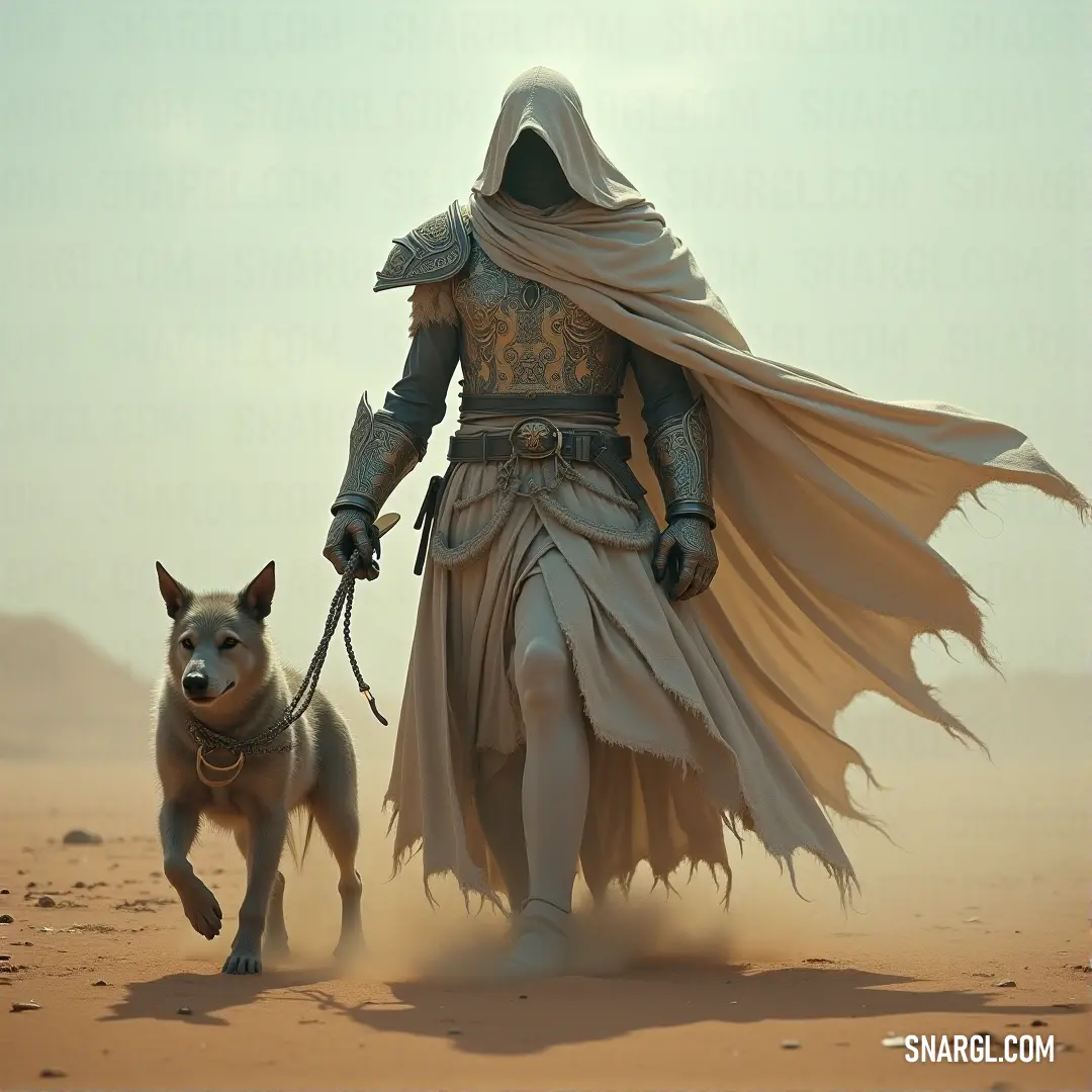 A rugged man clad in a hooded outfit stands resolutely in a sun-baked desert, accompanied by a faithful dog on a leash. The image is alive with the striking PANTONE 2085 color, symbolizing adventure and companionship.