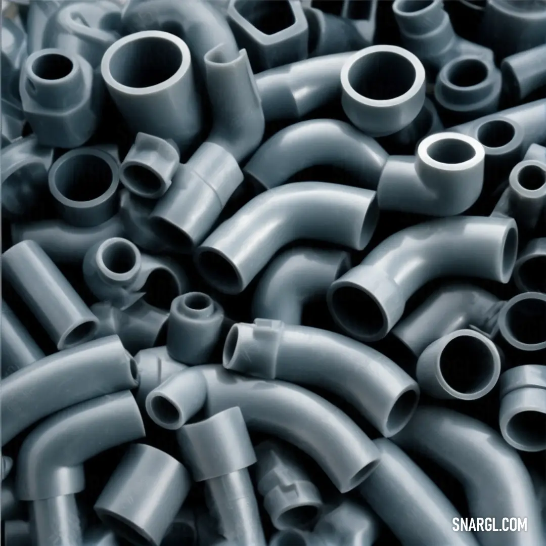 A pile of gray pipes and fittings stacked together, showcasing a mix of industrial design and structure, perfect for construction and engineering projects.