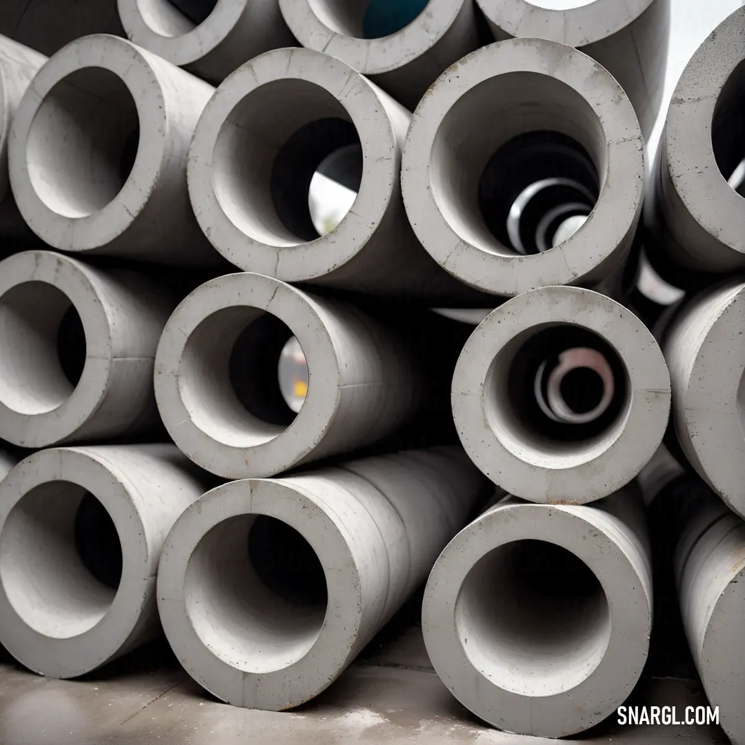 A large stack of industrial pipes piled neatly on top of each other in a warehouse. The pipes are surrounded by open space and against a clear sky, creating a striking contrast between the metal and the natural backdrop.