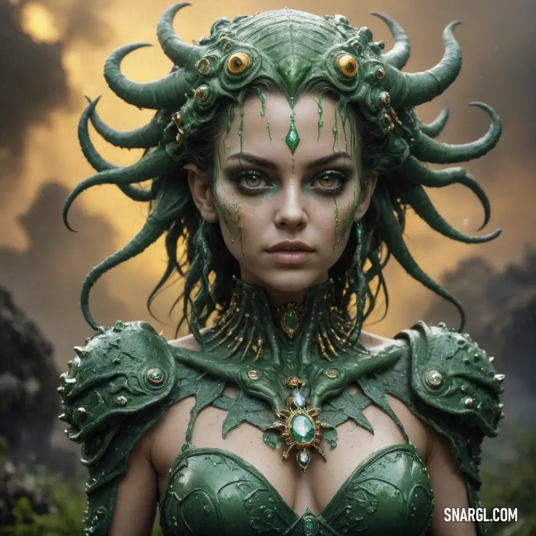 A surreal woman with striking green hair and a vivid green dress, adorned with horns, embodies a magical presence as she stands under the golden gaze of her enchanting eyes in a whimsical world full of fantastical elements.